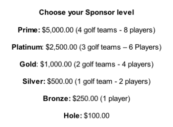 Choose your Sponsor level  Prime: $5,000.00 (4 golf teams - 8 players)  Platinum: $2,500.00 (3 golf teams – 6 Players)  Gold: $1,000.00 (2 golf teams - 4 players)  Silver: $500.00 (1 golf team - 2 players)  Bronze: $250.00 (1 player)  Hole: $100.00